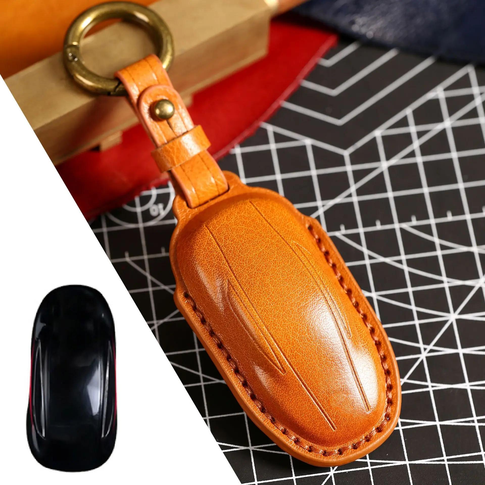 

Роскошный кожаный чехол для ключа, автомобильные аксессуары, протектор для брелока Tesla Model 3 YSX коричневый