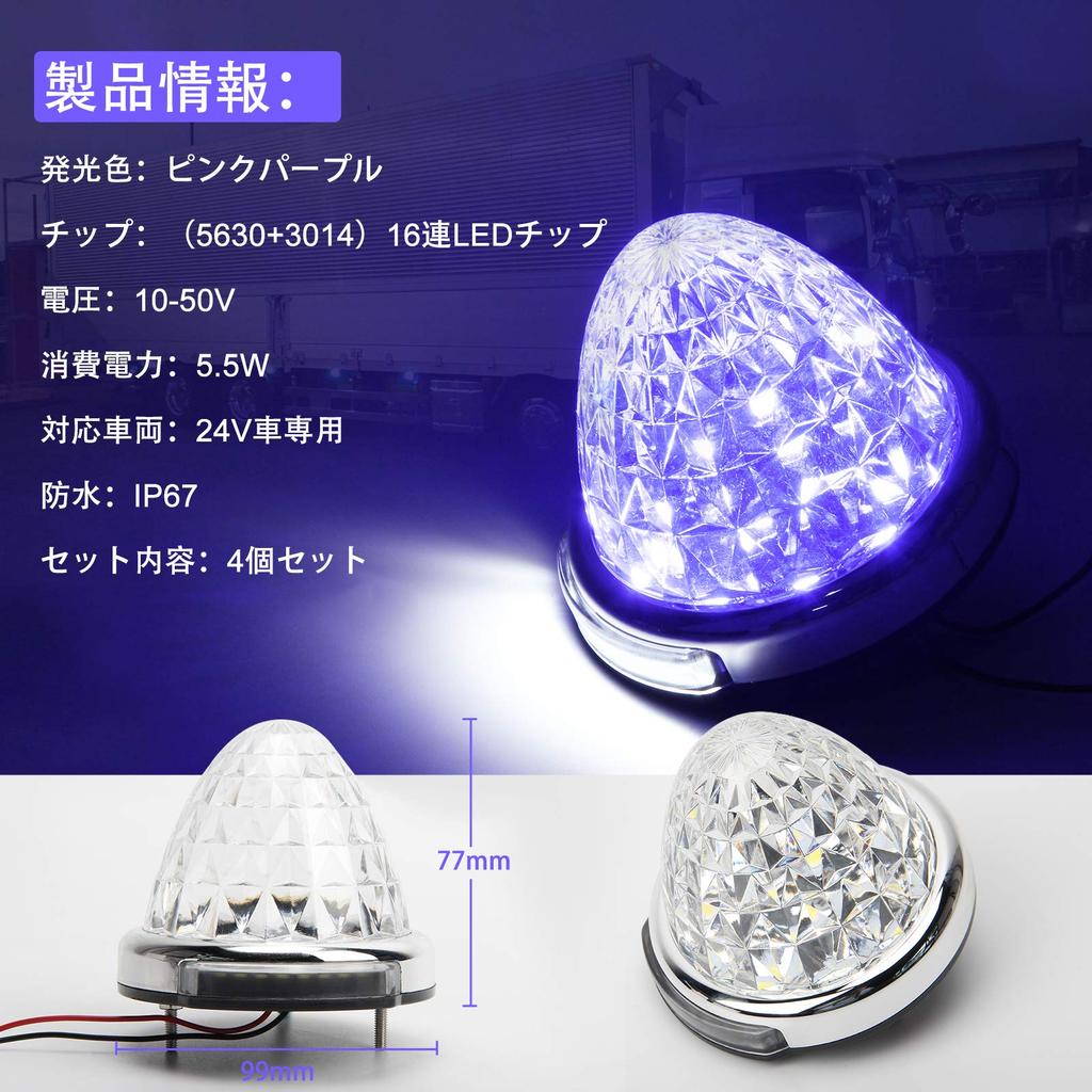 REPTICO LED Side Marker for Pink Clear Cut New Marker High Color Selection 16 Easy Resistant PC Set of 4 Set of Lamps, 24V, Trucks, Purple, Lens,