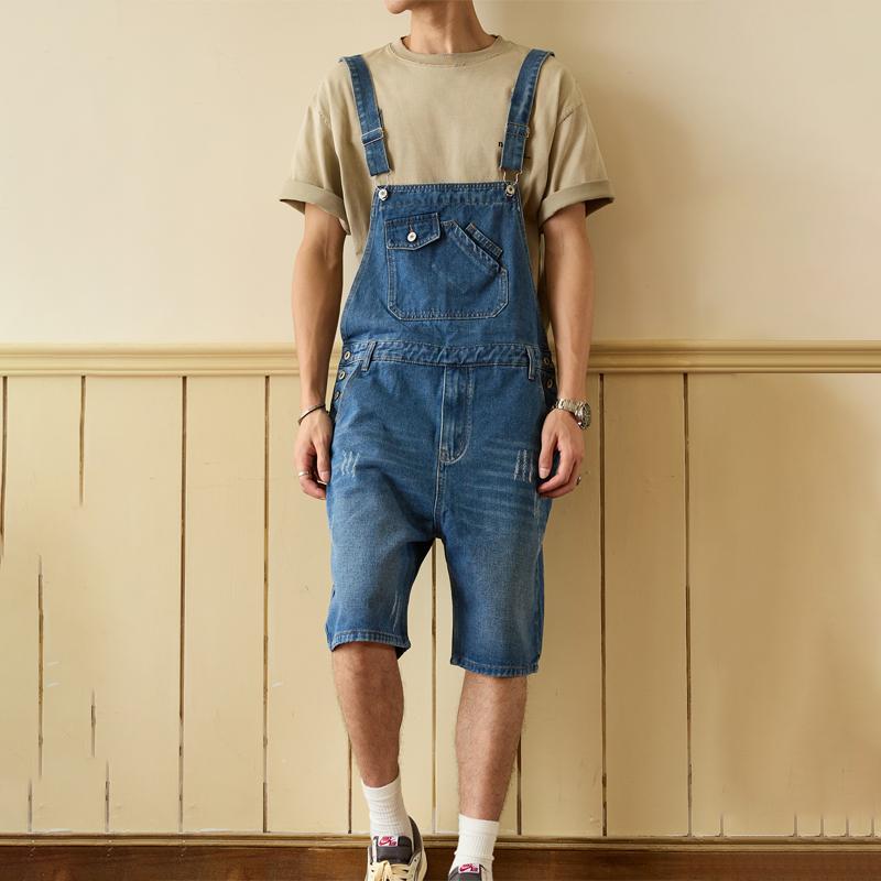 Men's Denim Suspenders Shorts Summer One-Piece Denim Overalls Men's Shorts Five-point Denim Shorts Slim Overalls Denim Shorts