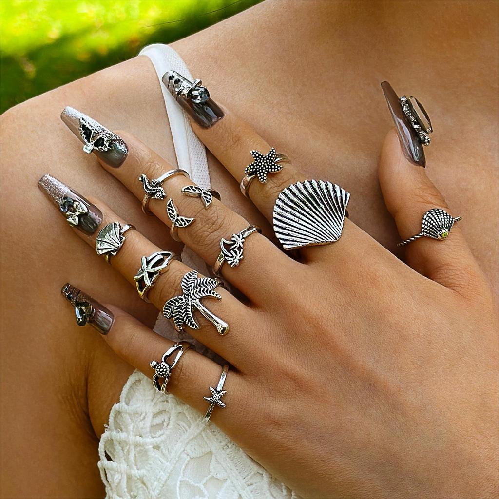 European and American Bohemian Starfish Scallop Ring Beach Style Coconut Tree Butterfly Carved Vintage Ring Set
