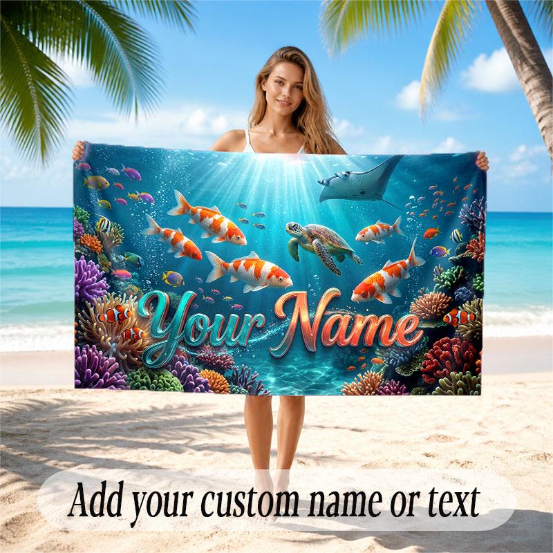 Fish Ocean Theme Beach Towel Personalized Custom Name & Text Soft Quick Dry Beach Towel for Swimming Travel