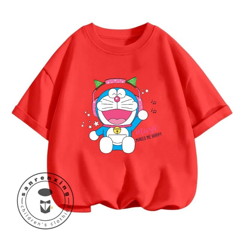 Summer Boys and Girls Crew Neck T-Shirt Casual Daily Wear Doraemon Cute Cartoon Fashion