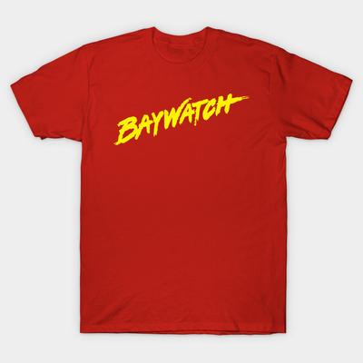 Asiatische Größe Herren Schwarzes T-Shirt mit Aufdruck Baywatch (Gelb) No-Cut Thermotransferdruck Baumwoll-T-Shirt