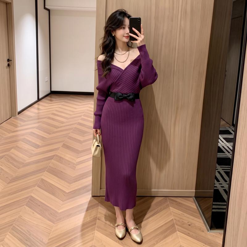 Purple V-neck Knit Sweater Dress for Women Fall Elegant Style Knitted Batwing Sleeve Slim-Fit Long-Sleeve Bodycon Dress