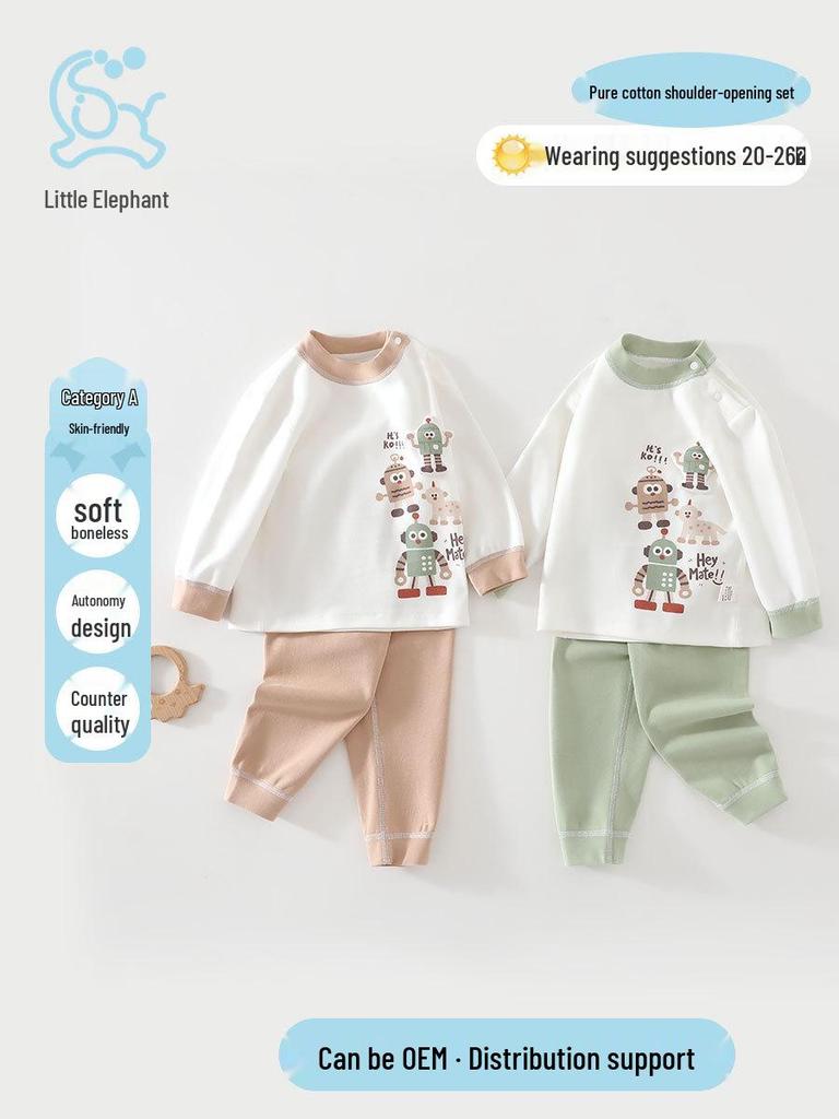 Autumn Baby Long-Sleeve Top & Pants Set: Pure Cotton Children's Pajamas with Belly Protection