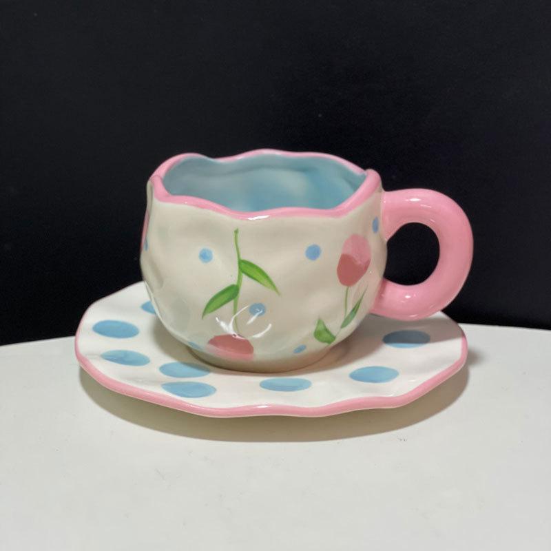 Small Fresh Hand-Painted Flower Ceramic Coffee Cup Saucer Creative Personality Hand-Squeezed Irregular Afternoon Tea Cup Saucer Set 300ml тюльпан