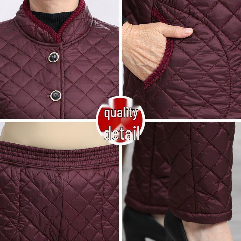 Warm Winter Three-Piece Set for Elderly Women: Fleece-Lined Cotton Coat and Pants