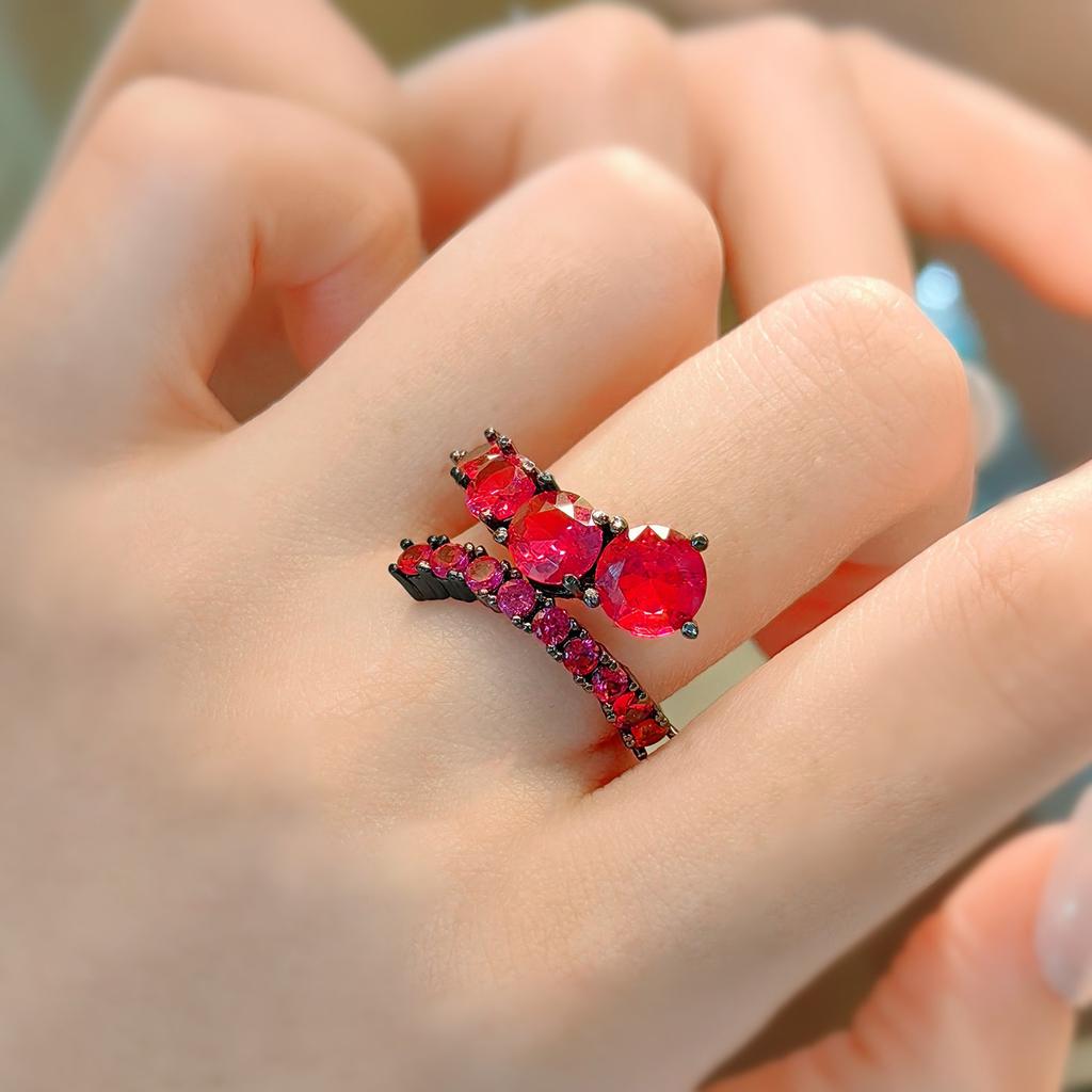 Ring Interactive Row Diamond Imitation Red Corundum Ring Female Creative Black Gold Plated Spinel Blue Stacked Wearing Ring