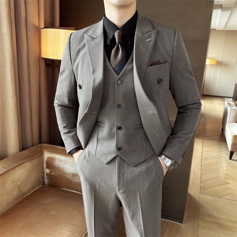 Men's Striped Double-Breasted Slim-Fit Business Casual Suit