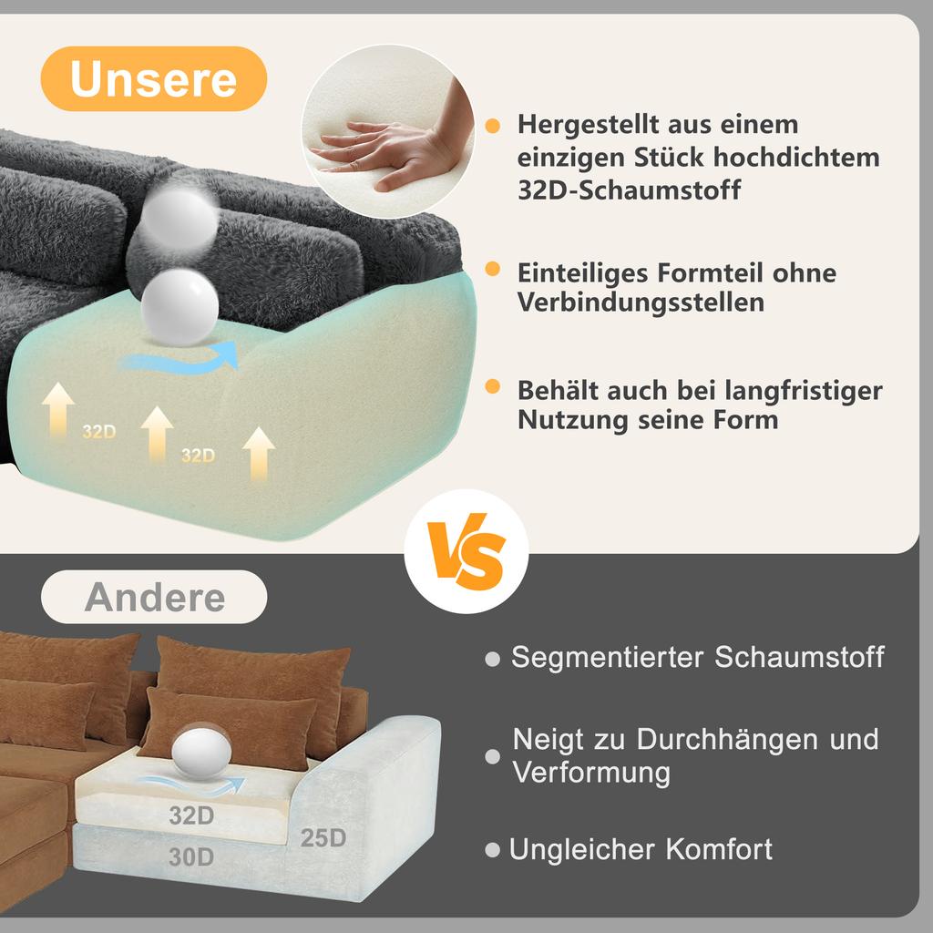 L-shaped 2-seater sofa, soft plush fabric, modular, with cushions. Soft, elastic foam, no assembly required, suitable for small living rooms, Grey