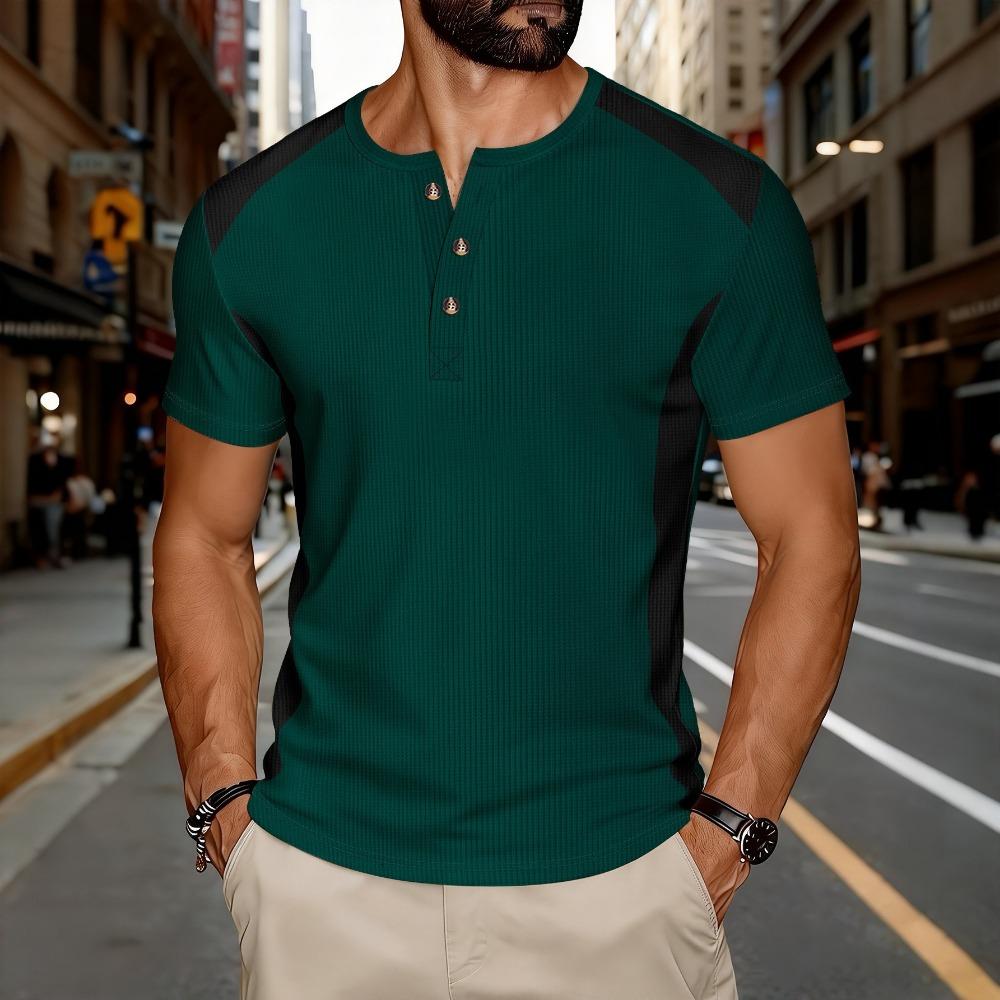 

European and American Spring New Henry Shirt Casual Breathable Color Blocked Short Sleeved Men s T-shirt Top S белый