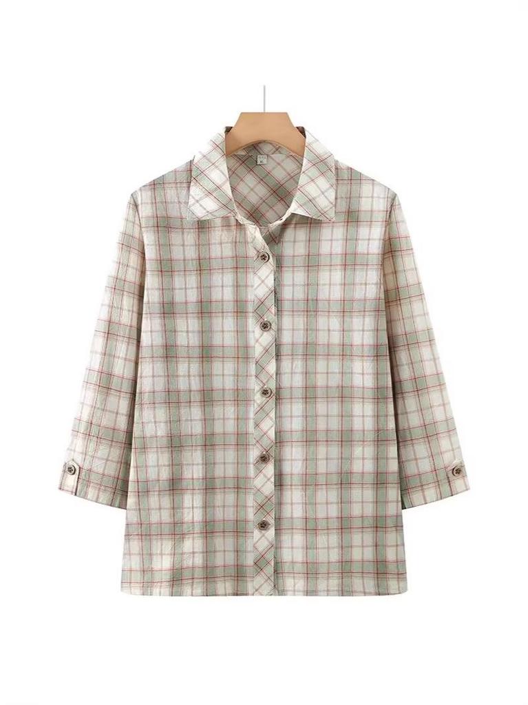 Women's Plaid Long Sleeve Pure Cotton Shirt for Spring/Autumn - Loose Fit for Middle-Aged and Elderly