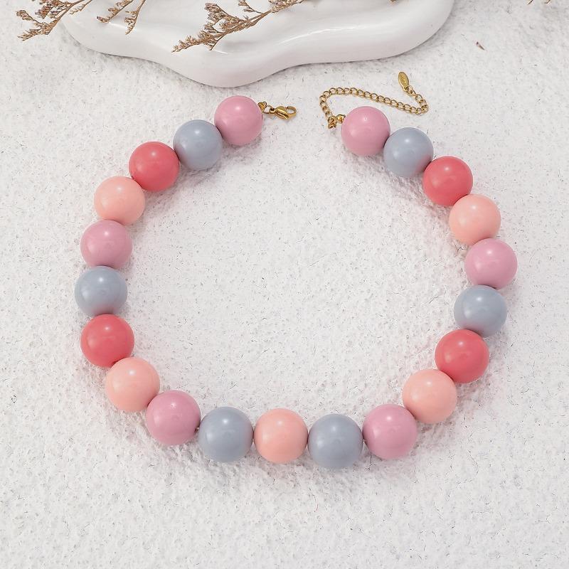 Candy Color Beaded Acrylic Round Bead Choker Necklace For Women Cute Handmade Jewelry