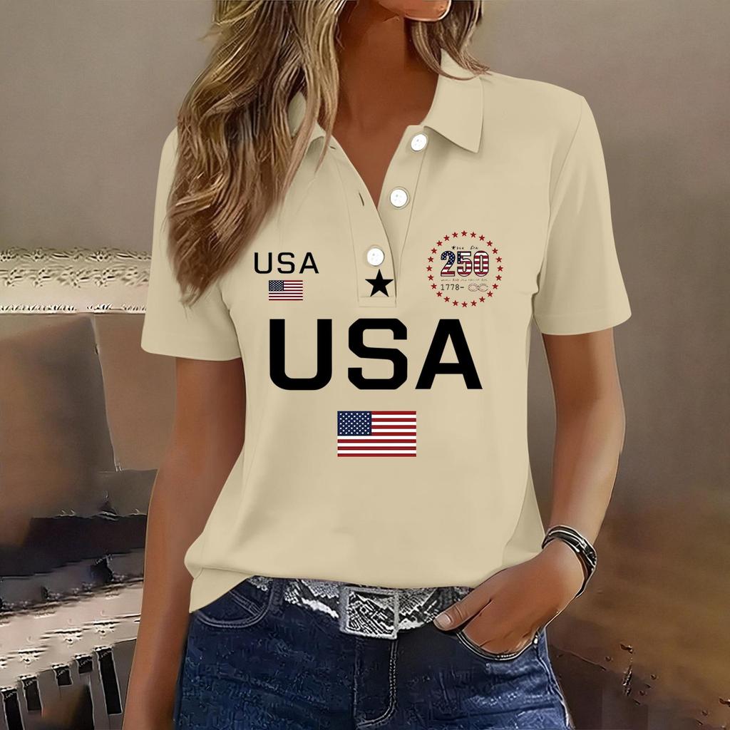 Damen Casual Kurzarm Knopf-Polohemd USA-Aufdruck 250. Jubiläum Grafik Leichtes Sommeroberteil