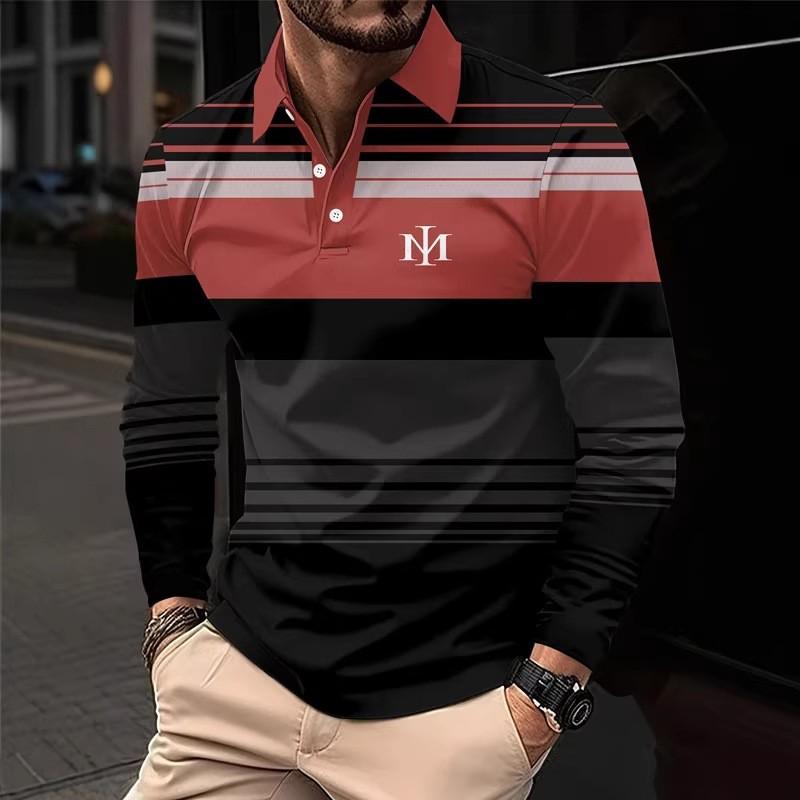 Herrpikétröja, 3D-randigt färgblockstryck, trendig sportig krage, golftröja, herrkläder, långärmad T-shirt, m