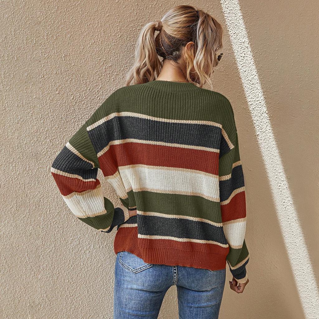 Women's Fashion Round Neck Sweater Lazy Loose Classic Striped Long Sleeves
