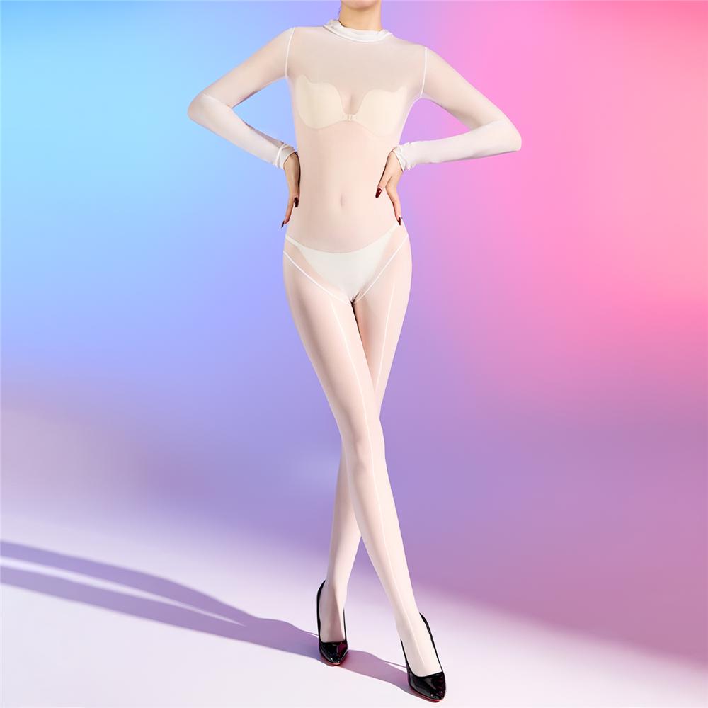 Sexy Women Cosplay Maid Tights 5D Oil Glossy Elastic Bodysuit Sheer See Through One-Piece Thong Nine Sleeve High Neck Leotard