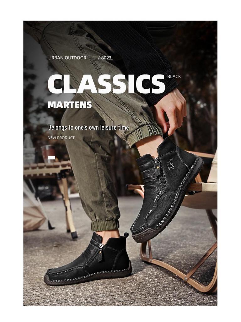 Herren Herbst/Winter Britischer Stil Warme Leder Martin Stiefel - Übergröße High-Top Kurze Stiefel mit Samtfutter