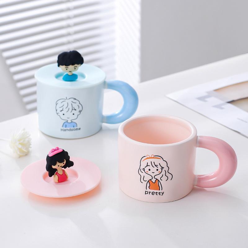 Korean Cute Cartoon Character Mug Pink Girl Heart Ceramic Cup Water Cup with Lid Coffee Cup Couple Cup