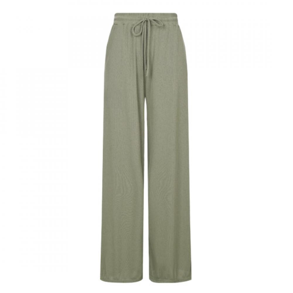 Shop Women Waist Band Pocket Ribbed Stretch Wide Pants Light Khaki Pic Wpt 205