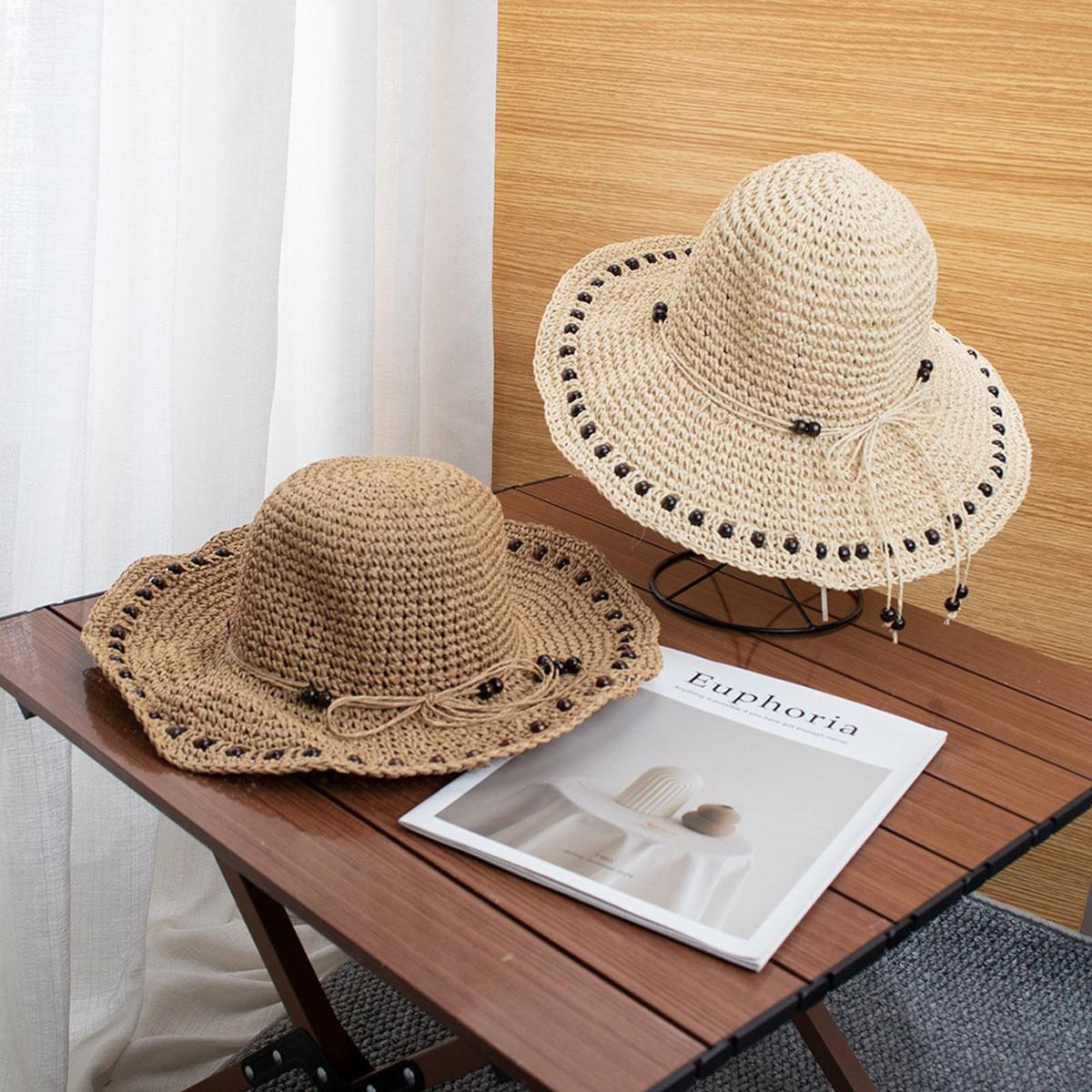 Zealous Sole Women's Brown 1Pc French Retro Black Beaded Design Straw Bucket Hats For Summer Travel Sunscreen Versatile Hollow Breathable Sun Hat