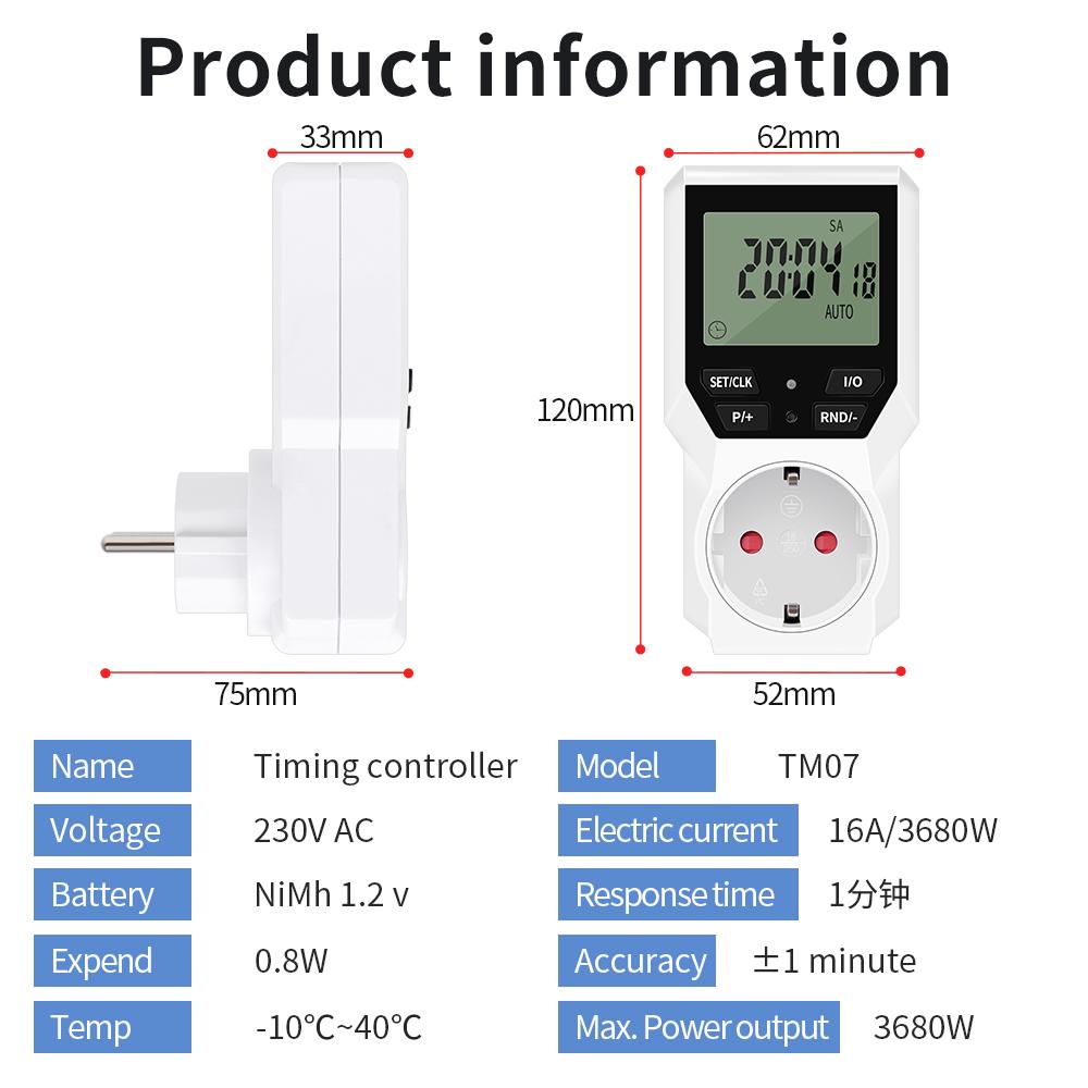Digital Timing Controller Switch Socket 250V EU Plug Timer Outlet Energy Saving Manager For Refrigerator Aquaculture TM07