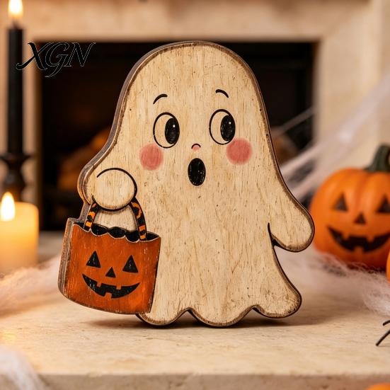 Rustic Ghost Wood Decoration Halloween Haunted House/Cute Wooden Table Ornaments, Farmhouse Tiered Tray Holiday Home Centerpieces Decor, Vintage