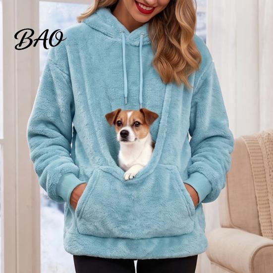 Warm Pullover with Kangaroo Pocket Women Pet Pouch Hoodie, Oversized Fuzzy Hooded Sweatshirt Hoodie Pouch, Dog Cat Carrying Top for Fall Winter