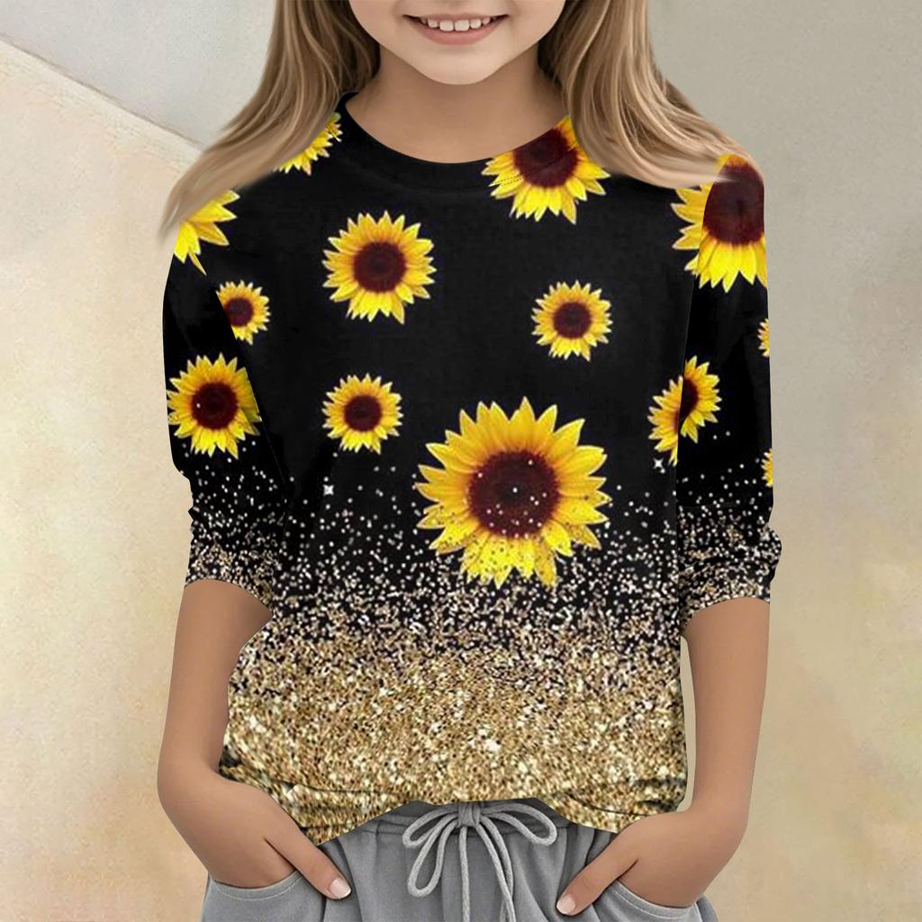 Kinder bedrucktes Rundhals Siebenviertelarm Freizeit T-Shirt