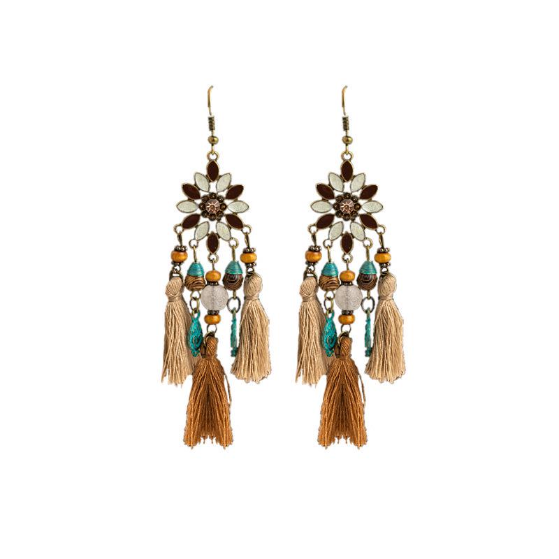 Bohemian Retro Geometric Glitter Tassel Flower Earrings - Ethnic Style