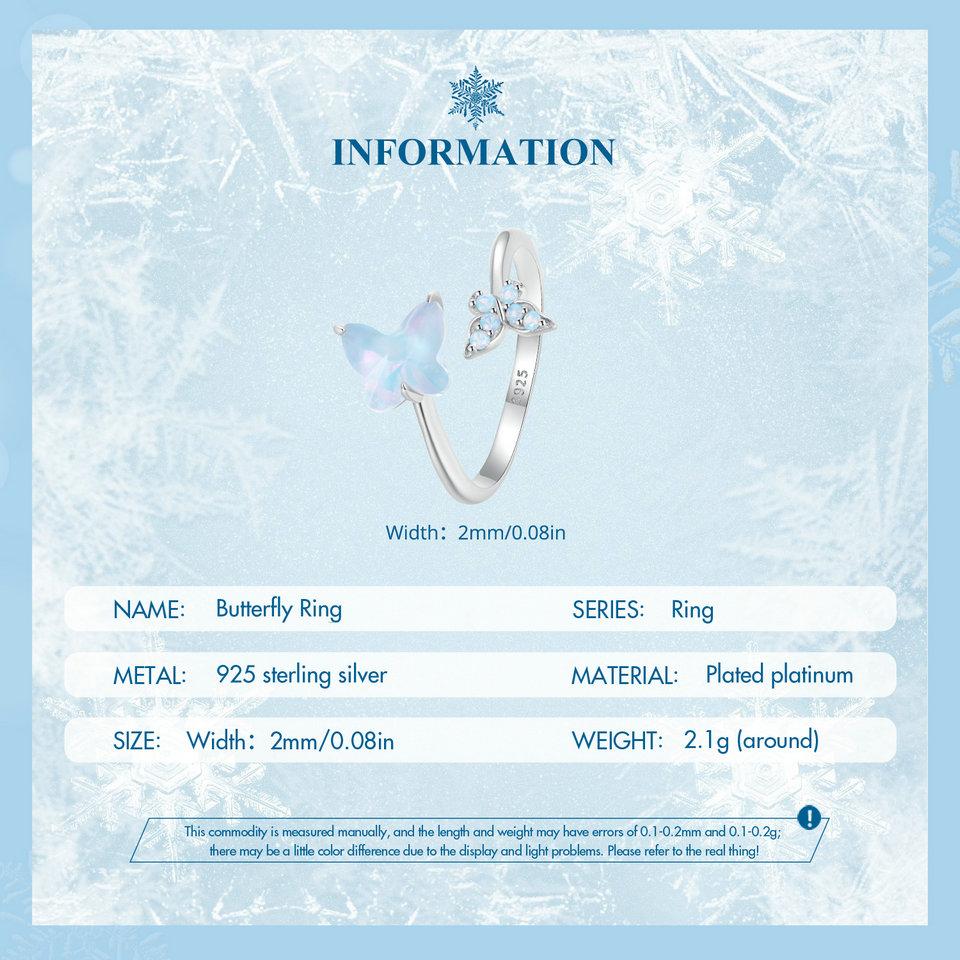 WOSTU Inel ajustabil cu fluture albastru de gheață din argint 925 pentru femei, opal de foc, piatră, insecte, inele rafinate de petrecere, cadou de nuntă