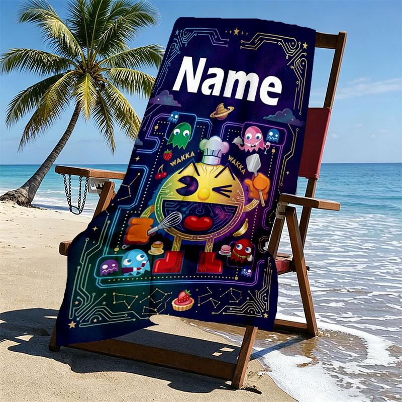 Custom Name Personalized PAC MAN Print Beach Towel, for Trip Camping Beach Party Home Decor, Birthday Gift for Family & Friends