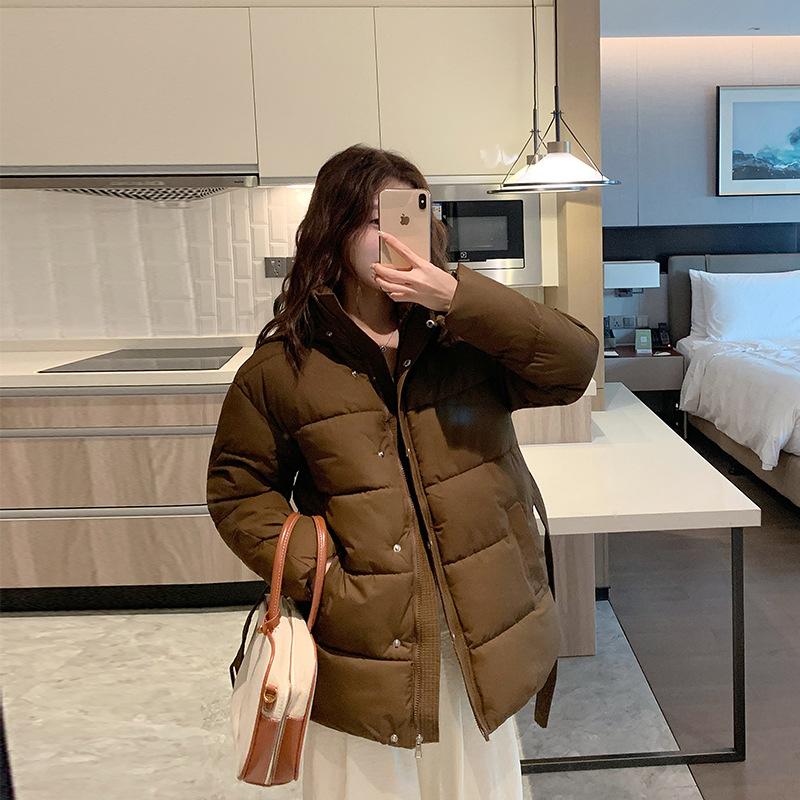 Hooded waist solid color seasonal women's cotton-padded jacket stand-up collar high-end short down cotton jacket