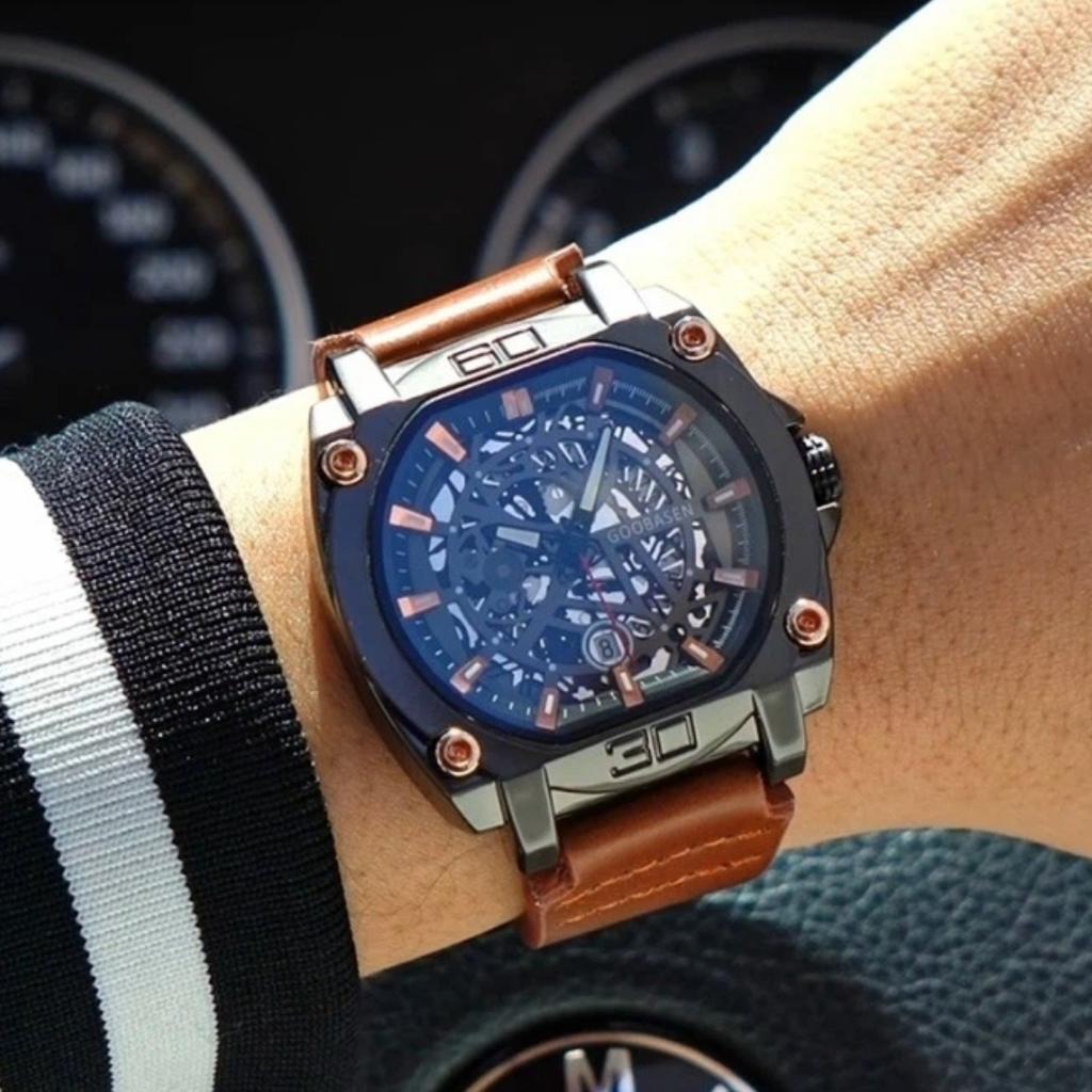 Fashion Sports Luminous Shaped Watch For Men Quartz Wristwatches Waterproof Skeleton Dial Leather Watches