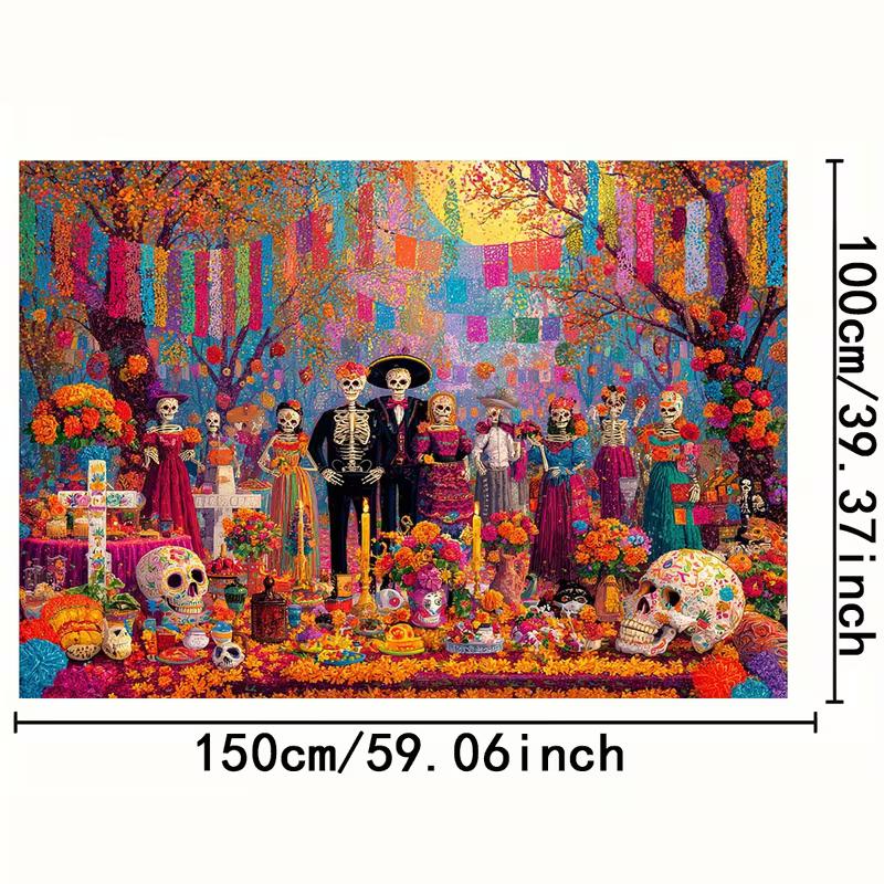 2D Mexican Festival Backdrop, Skeleton Family Party Background Cloth