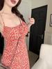 French floral lace-up suspender dress women's summer new waist thin medium and long dress red holiday skirt