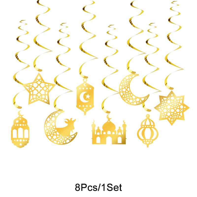 8pcs Ramadan Hanging Swirl Ornaments Eid Mubarak Moon Star Mosque Streamer Garland 2025 Islamic Muslim Party Home Decoration