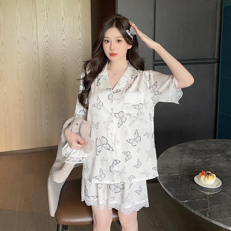 Factory goods 1011 printed short sleeves new ice silk pajamas women's Douyin fashion cartoon Internet celebrity fashion loungewear