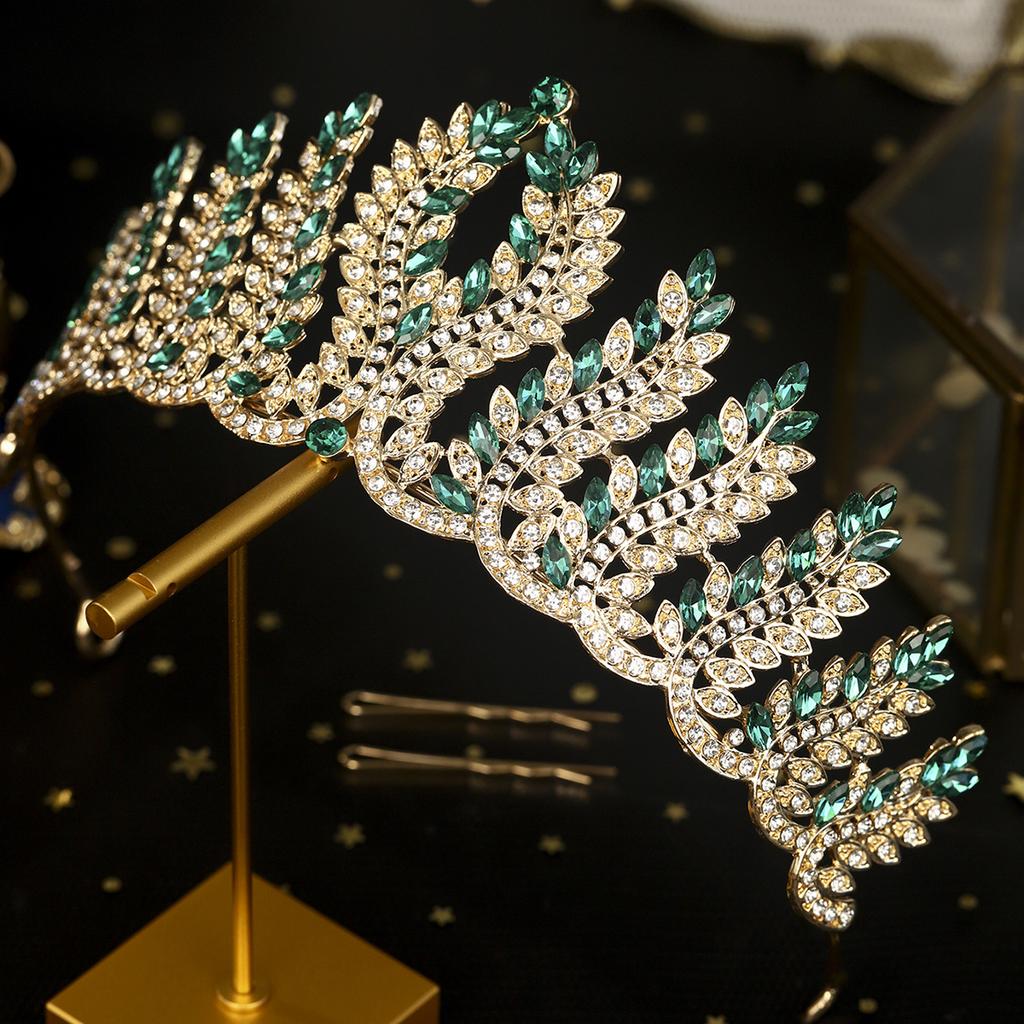 Baroque Green Red Crystal Leaf Wedding Tiaras Rhinestone Prom Bridal Diadem Crowns Christmas Party Hair Dress Accessories