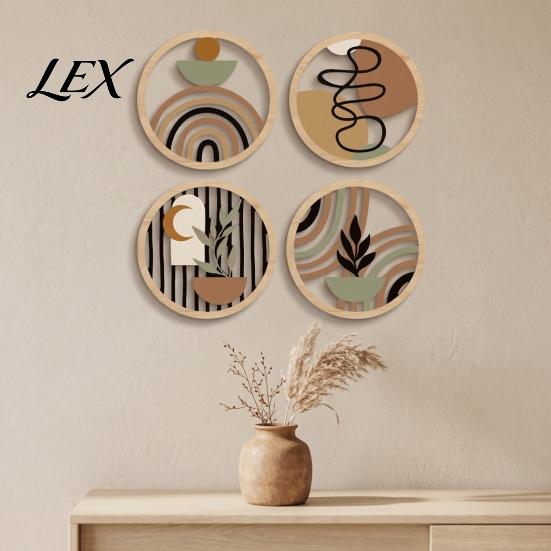 Vintage Farmhouse Wall Signs 4Pcs Boho Wooden Art , 2D Flat Round Hanging Signs, Modern Geometric Decorative Gallery Kit Wood Decor, Bohemian Plaques
