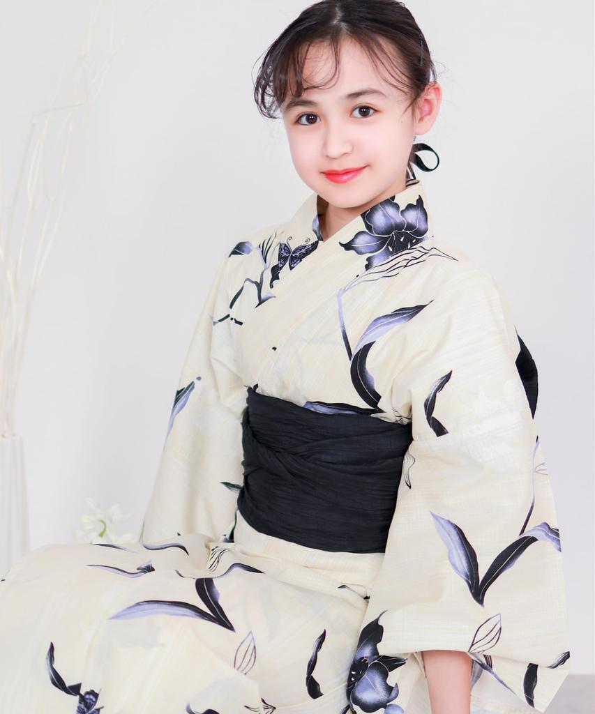 Yukata Ecru Change Set Heiko Junior Girls Black Age Feather Illusion [KYOETSU] Set, Girls, E, Weave, 2-piece (Yukata, Obi), (130cm, 4. Survey)