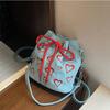 Large Capacity Drawstring Crossbody Bag Pleated Design Hearts Embroidery Handbag  Female Fashion