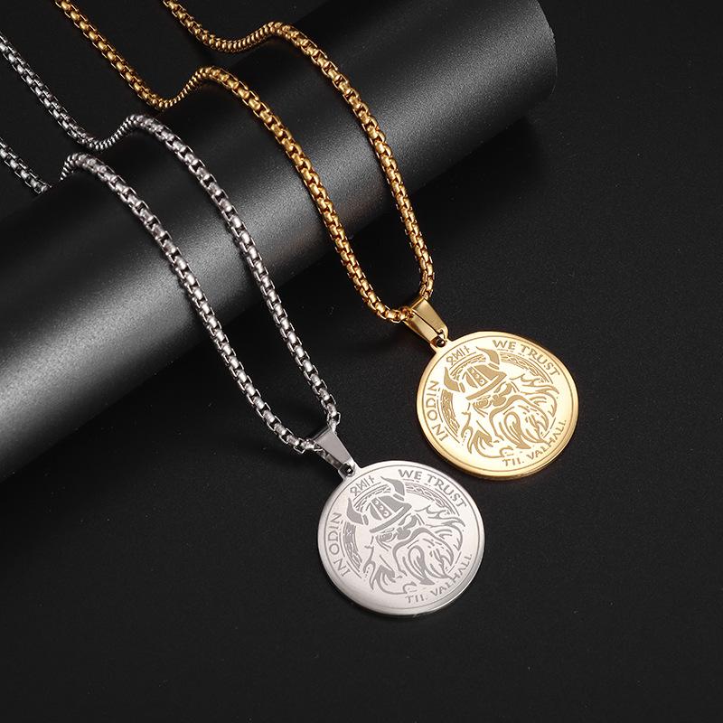 Stainless Steel Personality Simple Odin Viking Pendant European and American Fashion Medals Mens Necklace