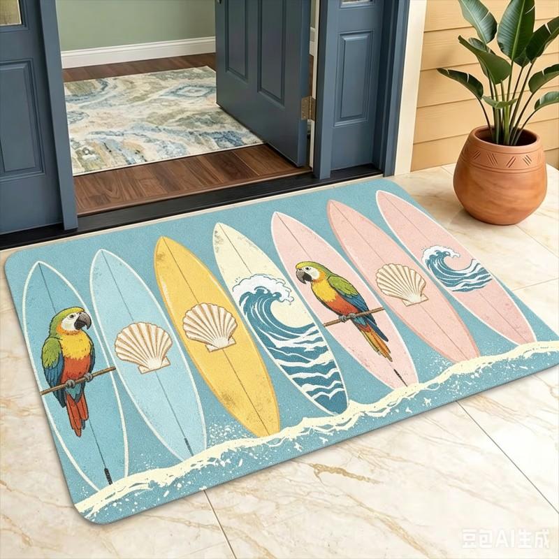 Retro Surfboard Welcome Mat Cute Seahorse Pineapple Decorative Floor Rug Coastal Compass Entryway Doormat For Front Door
