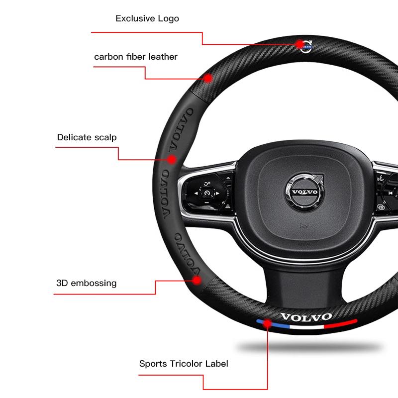 38cm Carbon Fiber Leather Car Steering Wheel Cover For Volvo V60 V40 XC90 S60 C30 V50 V70 S90 Auto Interior Accessories Keychain
