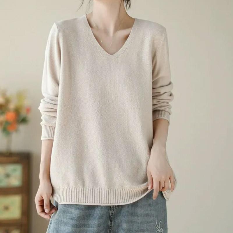 Top for Women Autumn Winter Large Size Loose Long Sleeve Knit Pullover V-Neck Loose-Fit Sweaters Top