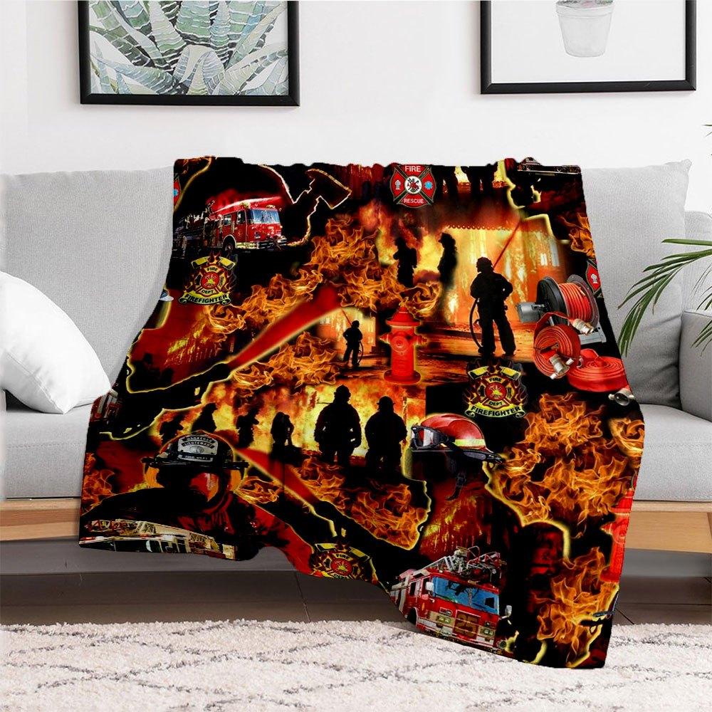 Firefighter Fireman Rescue Truck Helmet Hydrant Badge Print Fabric PanelBlanket Flannel Throw Blanket for Sofa, Bed, Travel, Camping, Office