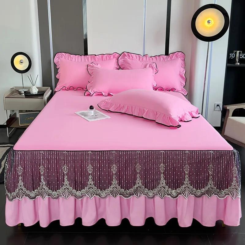 

3 Pcs Luxury Lace Knit Bed Skirt Solid Color Queen King Bedspread on The Bed Dust Ruffle Home Bed Skirt with Pillowcases 3 pcs 150x200cm рожевий