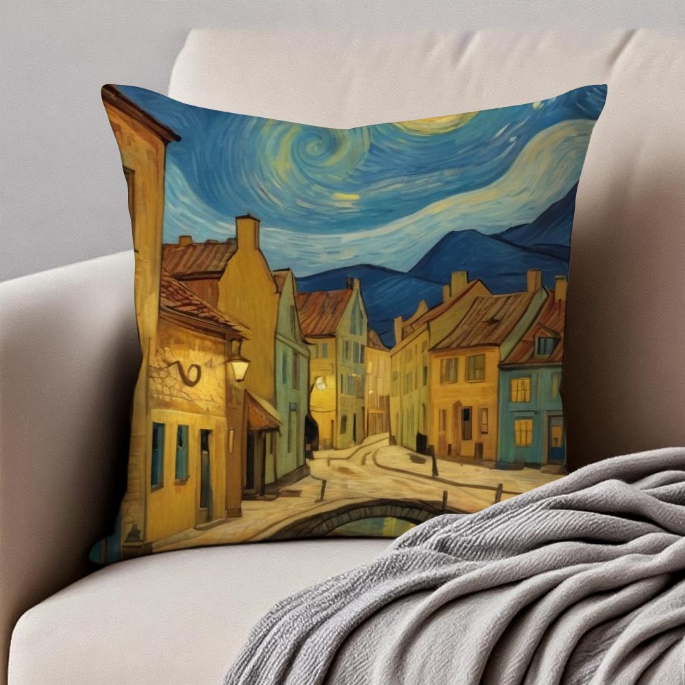 Van Gogh Starry Sky Dutch Painting Art Cushion Cover Pillowcase Antidustmite Invisible Zipper Short Plush Sofa Cushion