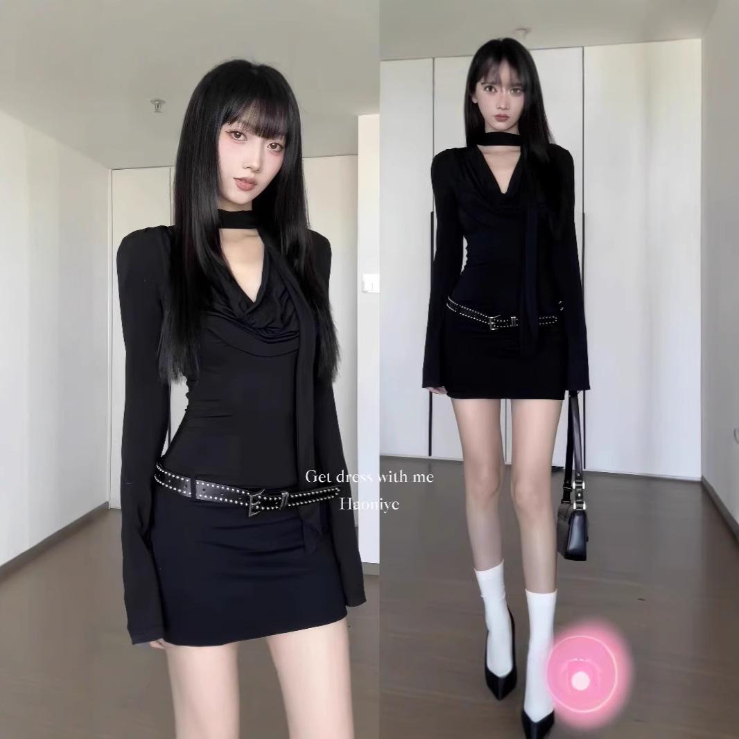 

2024 French Chic Sexy Long Sleeve Bodycon Dress - Slimming & Figure-Flattering for Autumn/Winter. S чёрный